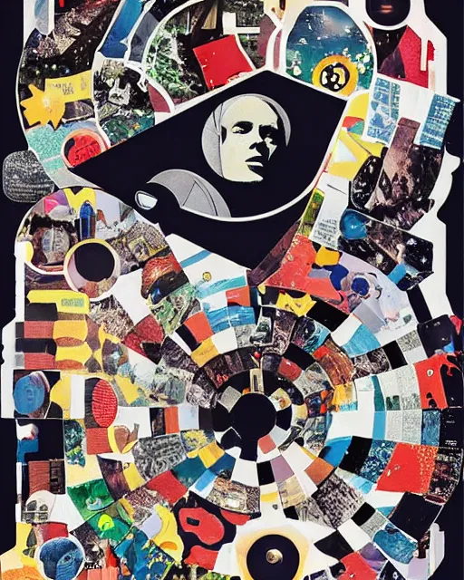 Prompt: A contemporary artistic collage, made of random shapes cut from fashion magazines, science magazines, and textbooks, of 2001: A Space Odyssey film poster. 1968