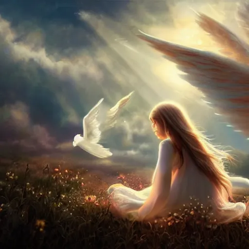 Image similar to angel play on piano in sky, unreal engine, digital, artstation, detailed intricate illustration, heavenly atmosphere, digital art, overdetailed art, concept art, complementing colors, trending on artstation, cgstudio, the most beautiful image ever created, dramatic, subtle, details, award winning artwork, beautiful scenery