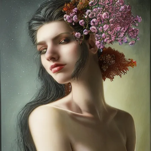 Prompt: portrait of a young attractive nerdy woman in flowing sensual dress, arrogant, long fine flowing hair, delicate, looking at camera, slightly awkward smile, realistic face, hands behind back, stylish, elegant, grimdark fantasy, flowers, extremely detailed painting inspired by Gerald Brom and Ernst Haeckel and Monia Merlo, studio lighting