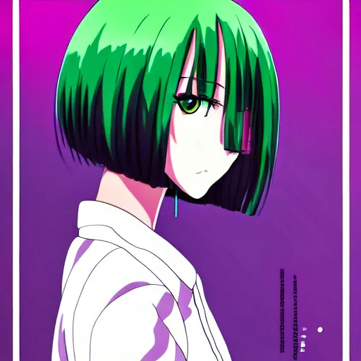 Image similar to anime poster film still portrait, young black woman, black black black woman, purple colored eyes!!!!, white!!! french bob hairstyle, green colored bomber jacket, detailed facial features, dynamic pose,, rimlight, cel shaded, 4 k