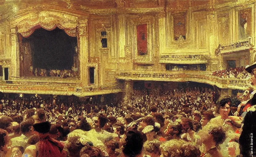 Image similar to high quality high detail painting by ilya repin, establishing shot of a theater show, hd