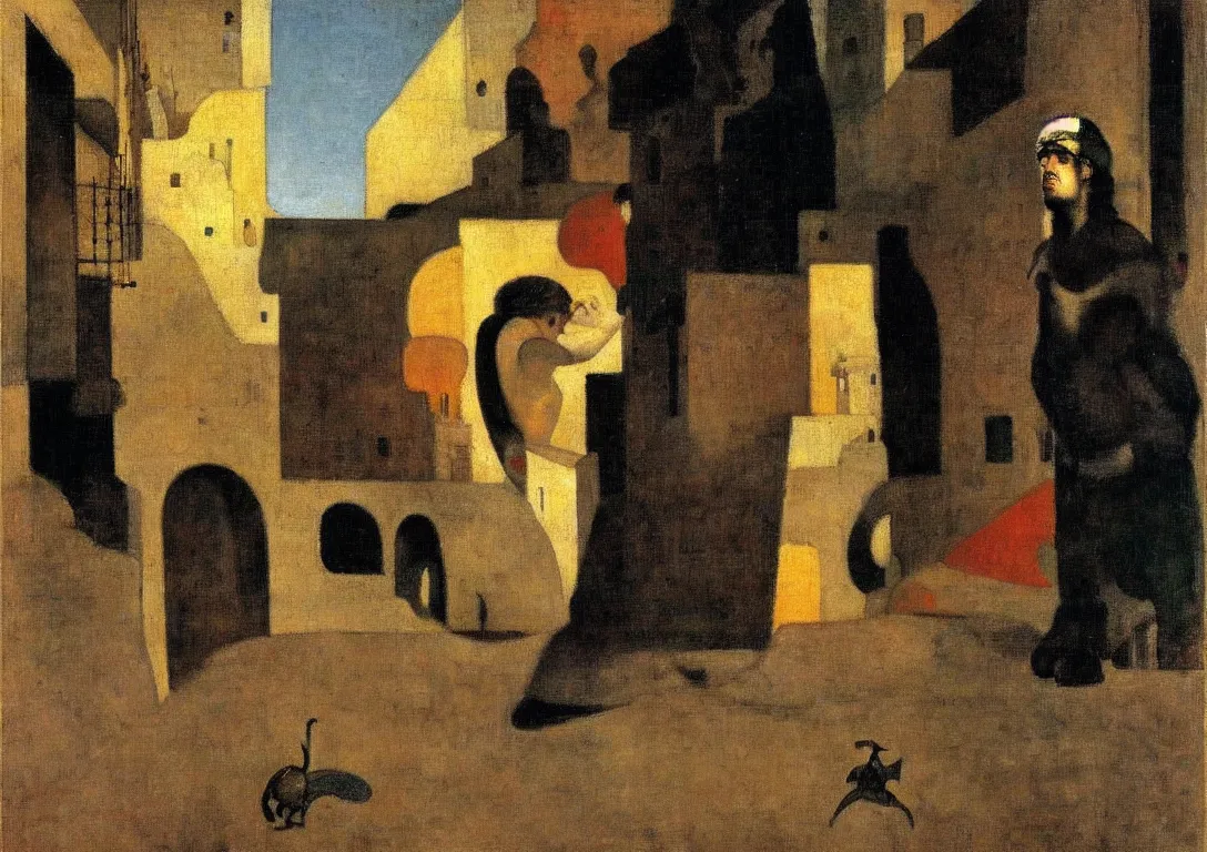 Image similar to a latino greek god following a watchful light through the streets of a city, muted color scheme, sparse detail, by george luks, joan miro and moebius