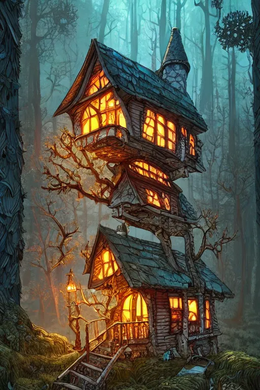 Prompt: a storybook style ramshackle multistory fairytale hut in the forest, intricate, elegant, fantasy, highly detailed, digital painting, concept art, sharp focus, artstation, in style of Laurie Greasley