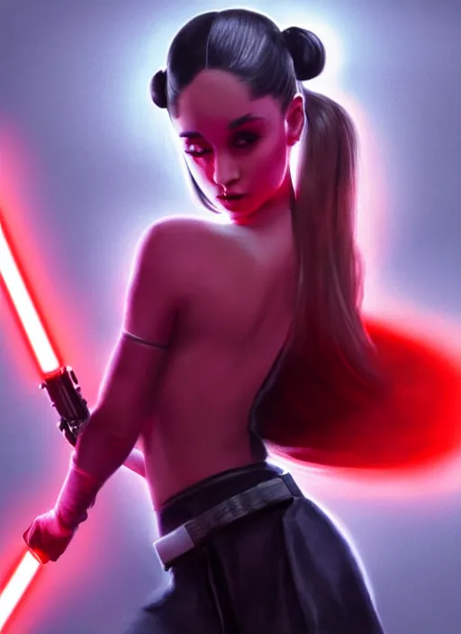 Prompt: Photo of Sith Ariana Grande with two red light saber, hyper-realistic Star Wars concept art, trending on artstation, dramatic lighting, photo-realistic