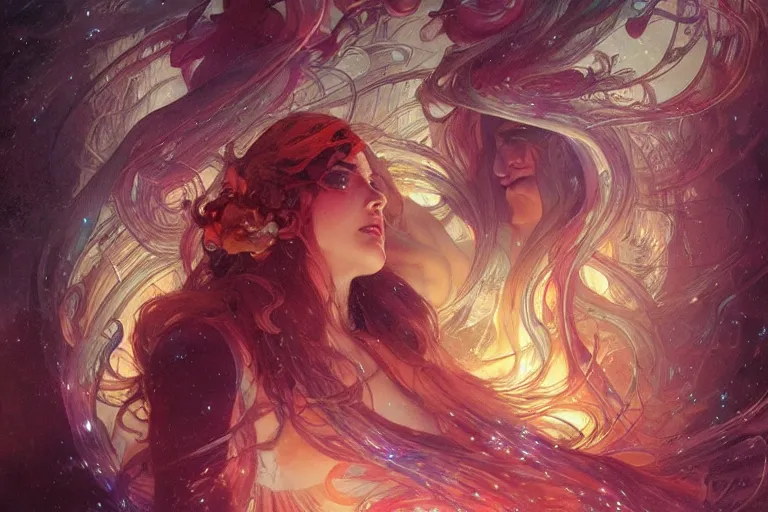 Prompt: ghostly figures in a nebula of sound, arcs of fiery neon light, swirling mystical particles and musical notes floating, beautiful, intricate, highly detailed concept art by artgerm and greg rutkowski and alphonse mucha