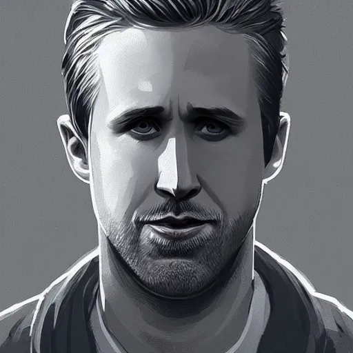 Image similar to “Portrait of Ryan Gosling by Greg Rutkowski, young, attractive, highly detailed portrait, scifi, digital painting, artstation, concept art, smooth, sharp foccus ilustration, Artstation HQ”