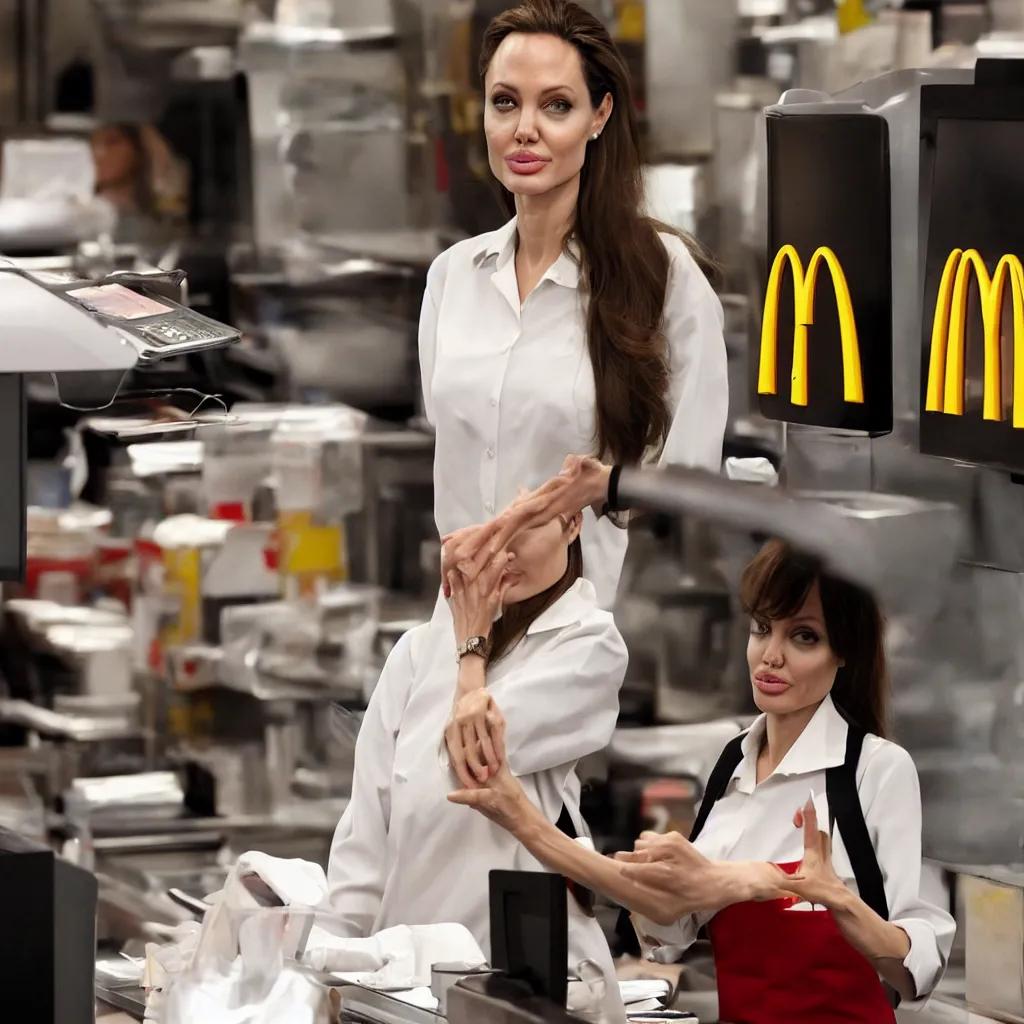 Image similar to Angelina Jolie working as a McDonalds cashier, macro, dramatic, HD