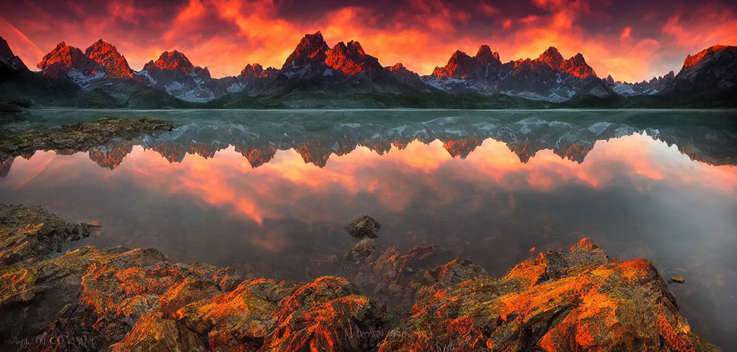 Image similar to amazing landscape photo of mountains with lake in sunset by marc adamus, beautiful dramatic lighting