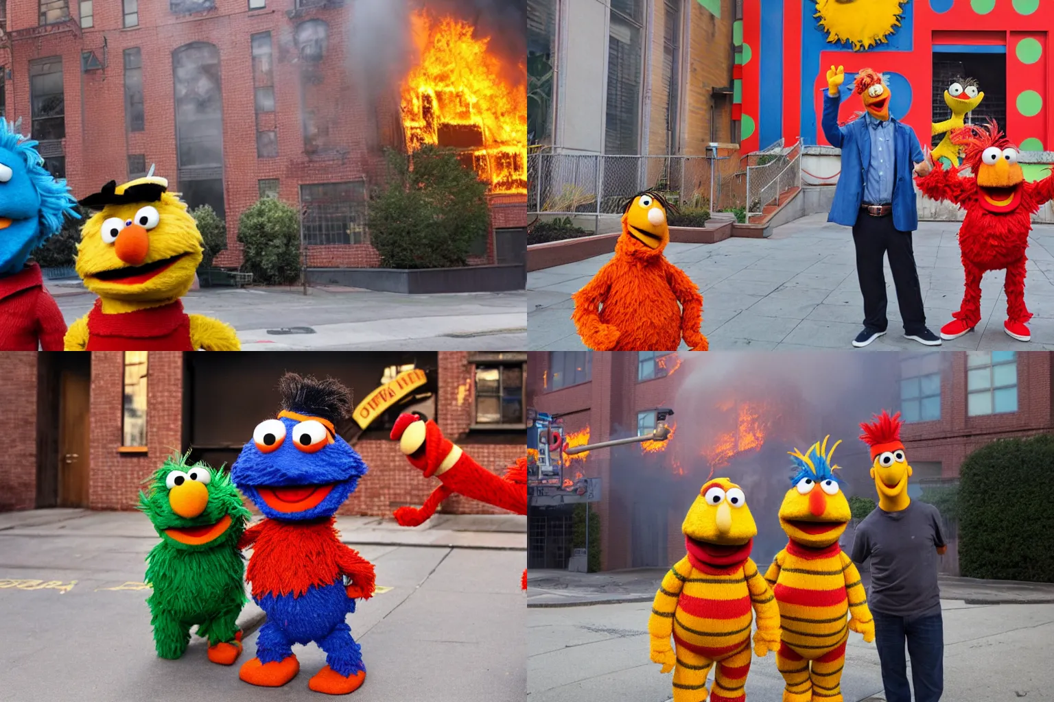Prompt: Bert and Ernie posing for a photo in front of Sesame Street building covered in fire and flames