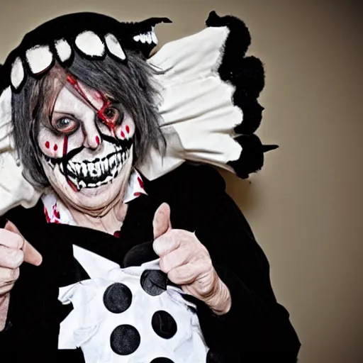 Image similar to Grandmother wearing a Jeff the Killer halloween outfit