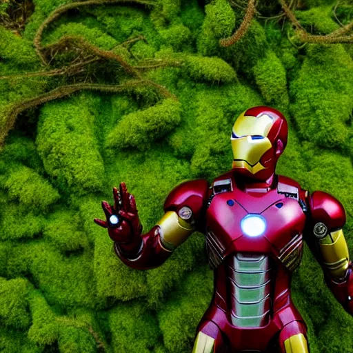 Prompt: overgrown iron man suit covered in moss and vines, 4k realistic photo