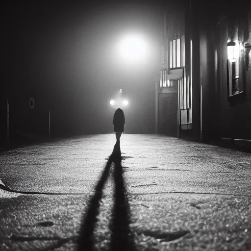 Prompt: an abstract photograph of a lonely male shadowy figure, there is a dark street with lanterns reflected on the ground, underwater, motion blur, 35 mm, black-and-white