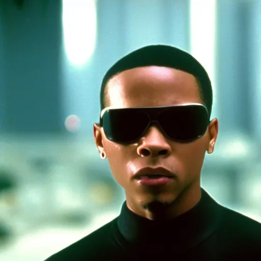 Image similar to a film still of Lil Bow Wow starring in The Matrix (1999), close up, shallow depth of field