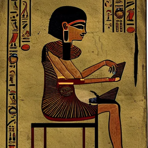 Prompt: Ancient Egypt Art, art of A person using a computer in art style of ancient art, fragmented, a person using a computer!!!!! Ancient Egypt art