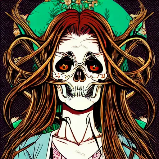 Image similar to anime manga skull portrait young woman hair fairytale comic skeleton illustration style by Trevor brown warhol pop art nouveau