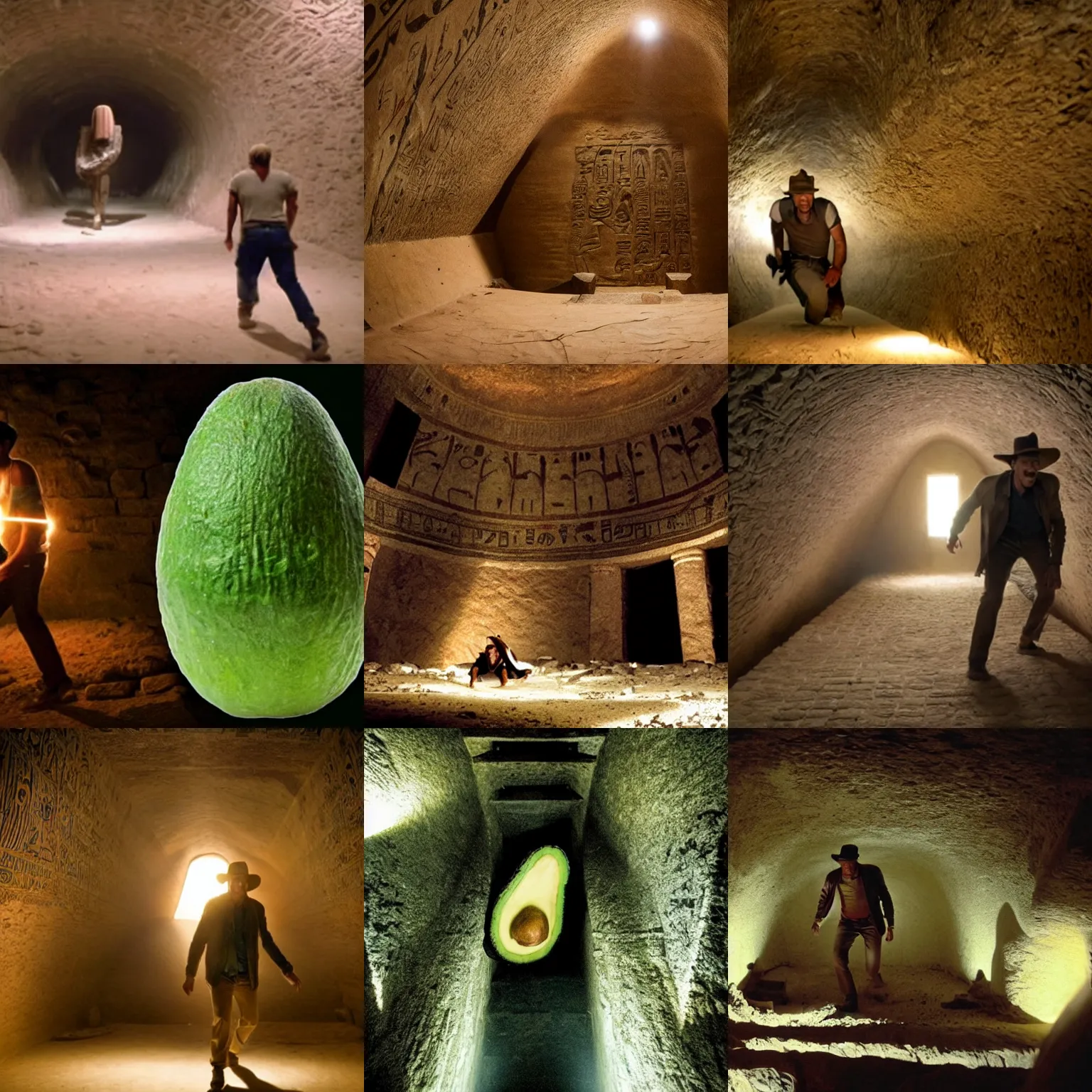 Prompt: giant avocado chases indiana jones in huge dusty egyptian tomb, perfectly lit. movie still