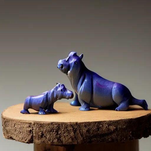 Image similar to small hippopotamus wood and blue epoxy sculpture, small, 3 5 mm macro photography, studio