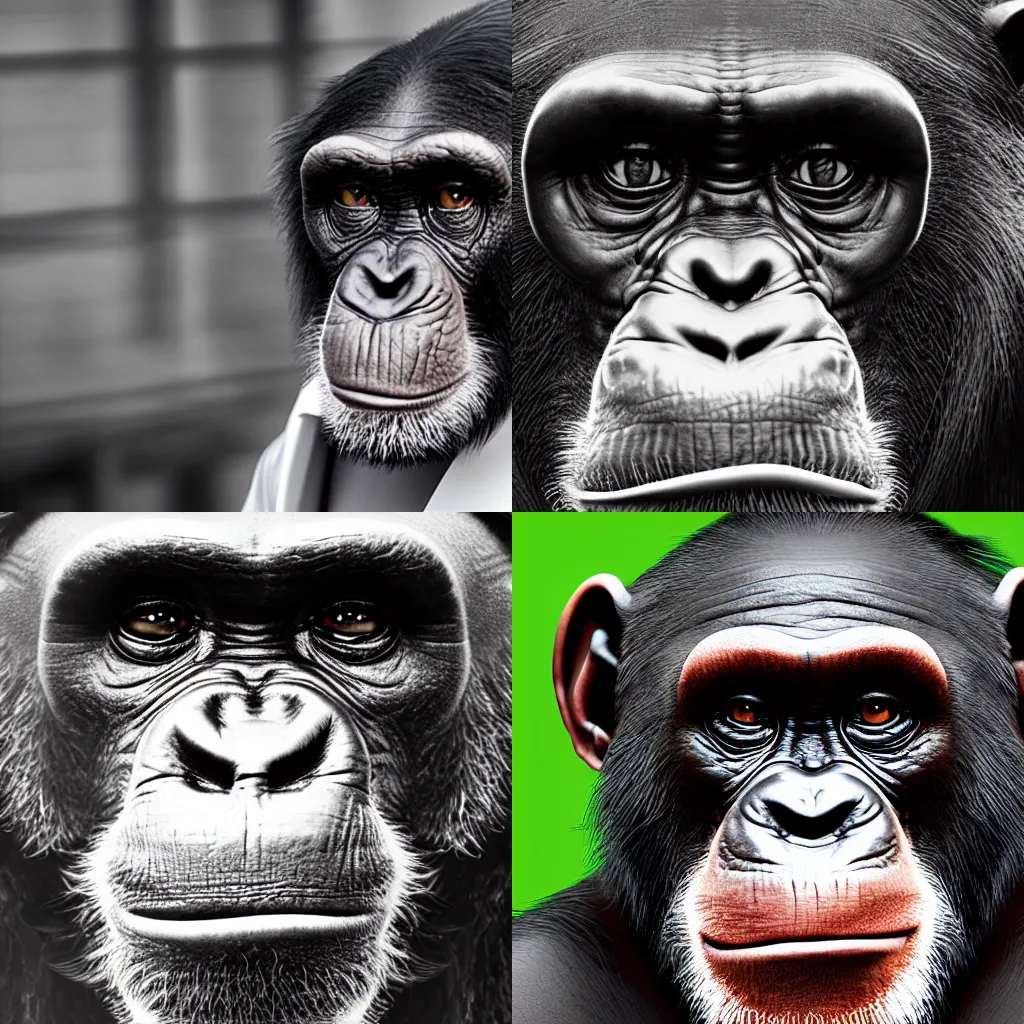 Prompt: noir film still of chimpanzee CEO, close up