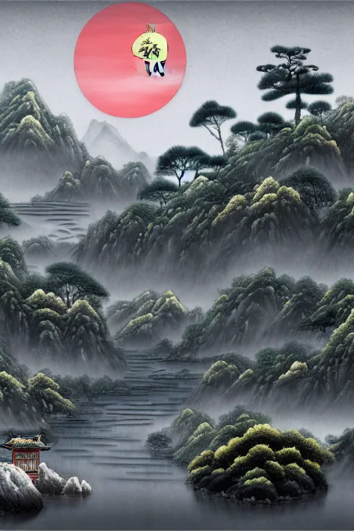 Prompt: chinese painting rendering of a surreal ancient chinese landscape, with a stream, little moon | moonlet, an ancient chinese pavilion and pine trees on the water surface, a dark starry sky, clouds, lighting in the pavilion, magical light fog, night, dim light, aestheticism, fantasy, 8 k, cinematic, zbrush, marmoset toolkit
