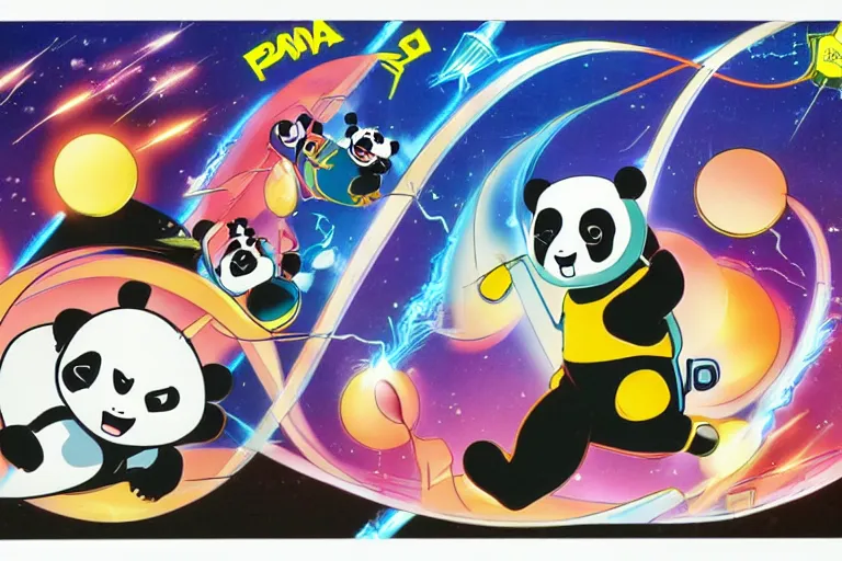 Prompt: panda rocket, classic anime scifi 1 9 8 0 s cartoon, title screen