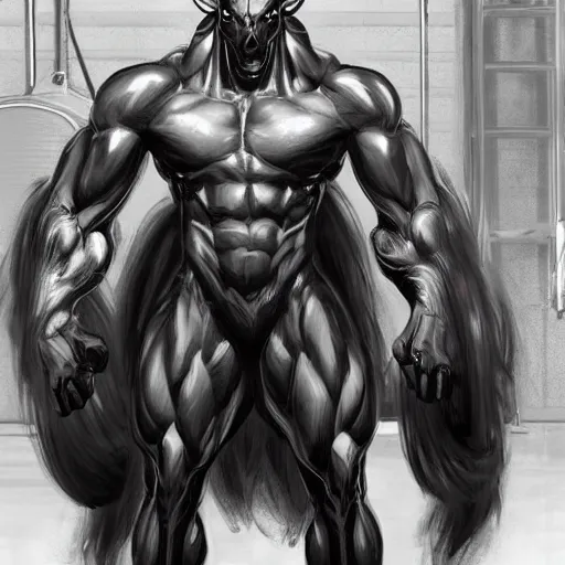 Image similar to splash art of a hyper - muscular black - coated anthropomorphic horse character in a research facility wearing a combat kevlar outfit, long hair, bodybuilder physique, highly detailed, furry, furaffinity, digital painting, artstation, sharp focus, illustration, art by artgerm, greg rutkowski, alphonse mucha