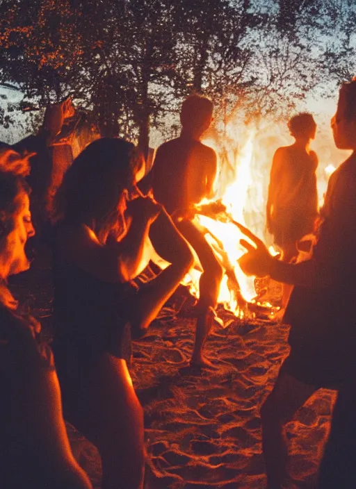 Prompt: photograph of people dancing around a bonfire on the beach, flash polaroid, golden hour