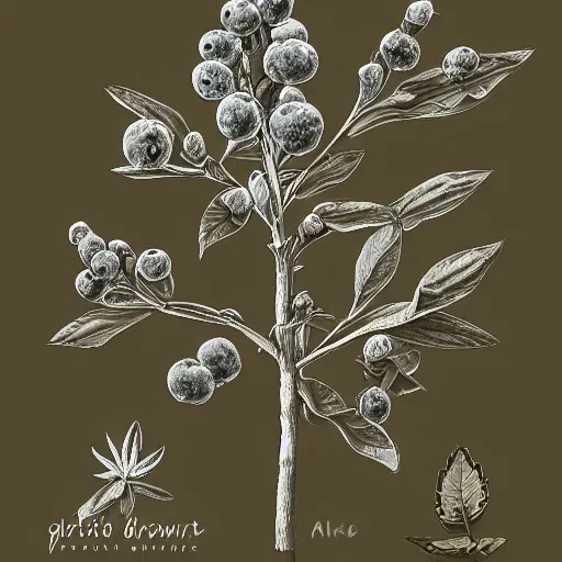 Image similar to botanical drawing of blueberry bush. Traditional art. Rustic. Nordic. Trending on artstation. Detailed. Shrub. Nature. Artistic.