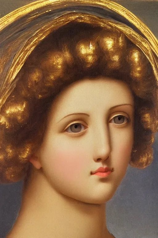 Image similar to Beautiful girl, calm face, closeup, ultra detailed, made in gold, Guido Reni style