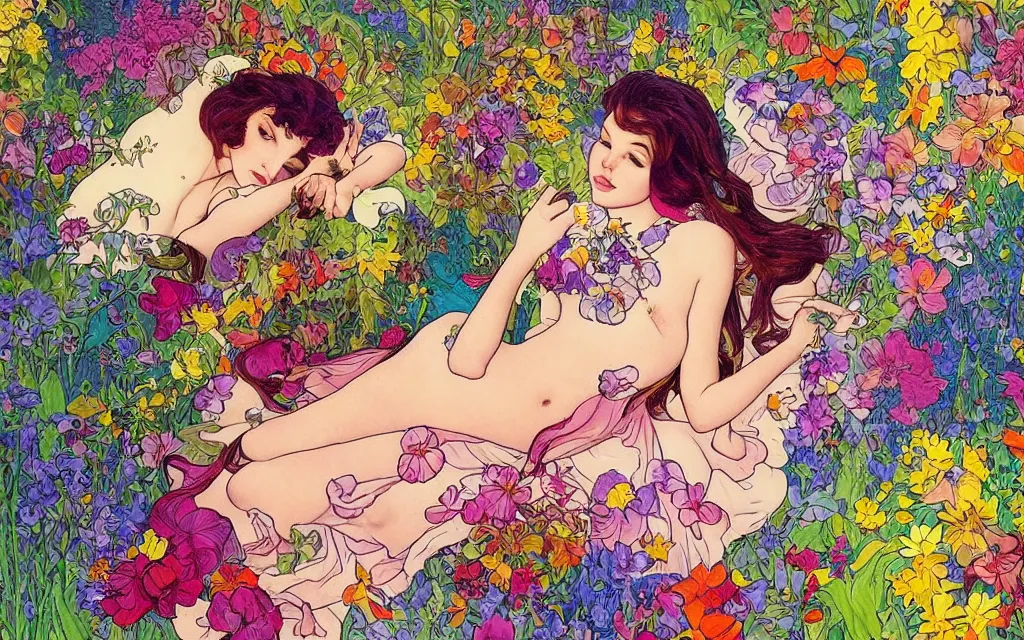 Prompt: daydream i dream of you amid the flowers for a couple of hours, such a beautiful day i dream a dirty dream of you baby you're crawling on the bathroom floor, in the style of lisa frank and alfons mucha