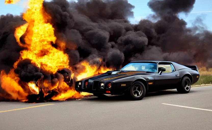 Image similar to a black 1 9 7 3 pontiac firebird trans am sd - 4 5 5 driving high speed, fire explosion in the background, action scen. realistic