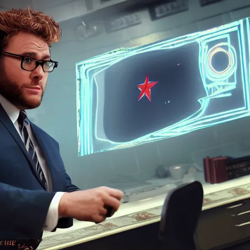 Prompt: seth rogan playing donald trump hiding nuclear secrets by murakami volumetric lighting super detailed colorful octane render 8 k