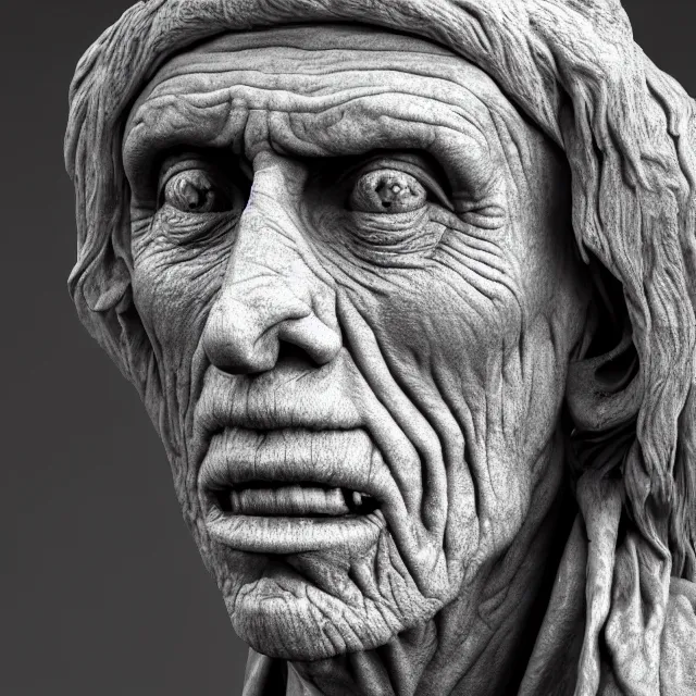 Prompt: photography of a bust of old Keith Richards made of clay by Sebastian Kruger and Michelangelo, wrinkles, 50mm, studio atmosphere, 8K, rim light, octane render, ultra-realistic