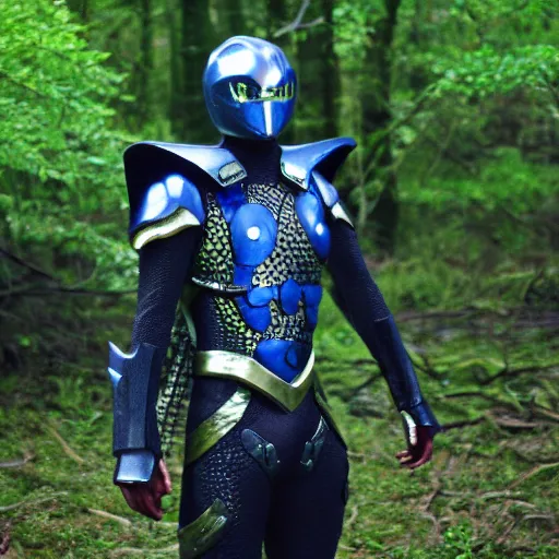 Image similar to High Fantasy Kamen Rider, glowing eyes, 4k, forest plains of north yorkshire, daytime, chainmail rubber undersuit, segmented armor, dark blue armor with green secondary color, tokusatsu