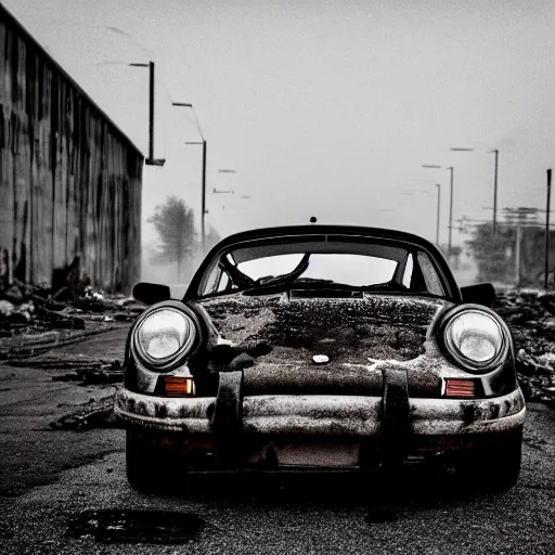 Image similar to black and white press photograph of a rusted abandoned porshe 9 1 1 on an empty abandoned city street, full view, detailed, natural light, mist, film grain, soft vignette, sigma 5 0 mm f / 1. 4 1 / 1 0 sec shutter, imax 7 0 mm footage