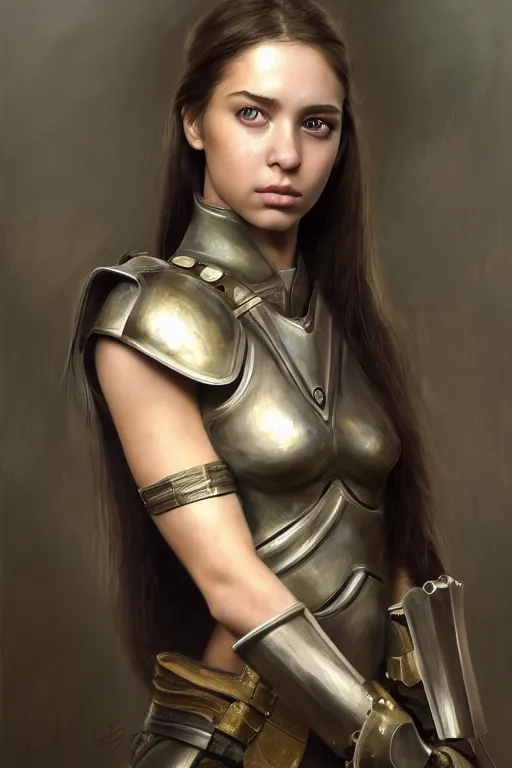 Image similar to a photorealistically painted portrait of an attractive young girl, partially clothed in military battle armor, with an abstractly painted background, flawless olive skin, fair complexion, long dark hair, beautiful bone structure, perfectly symmetric facial features, perfect photorealistic eyes, natural physique, intricate, elegant, digital painting, concept art, finely detailed, beautifully illustrated, sharp focus, minimal artifacts, volumetric lighting, from Halo, by Ruan Jia and Mandy Jurgens and Artgerm and William-Adolphe Bouguerea, in the style of Greg Rutkowski, trending on Artstation, award winning art