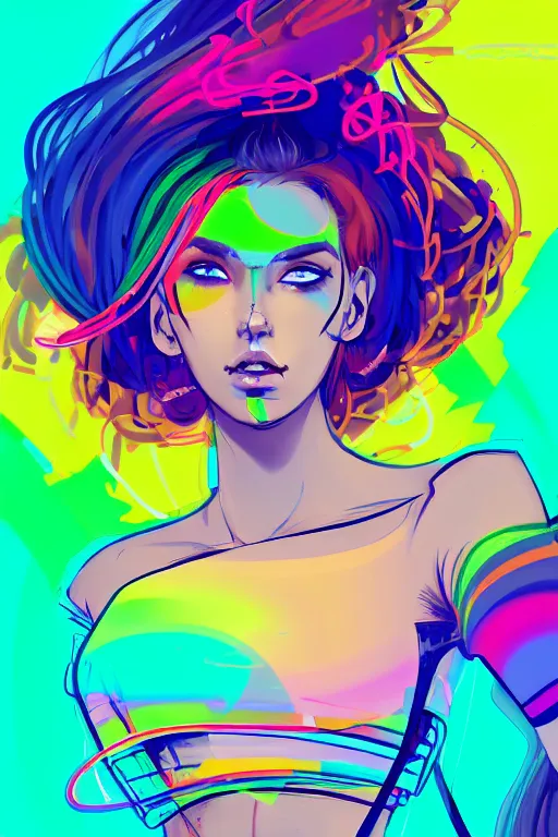 Image similar to a award winning portrait of a beautiful woman with stunning eyes in a one off shoulder crop top and cargo pants with rainbow colored hair, outlined by whirling illuminated neon lines and fine lines swirling in circles by greg tocchini, digital art, trending on artstation