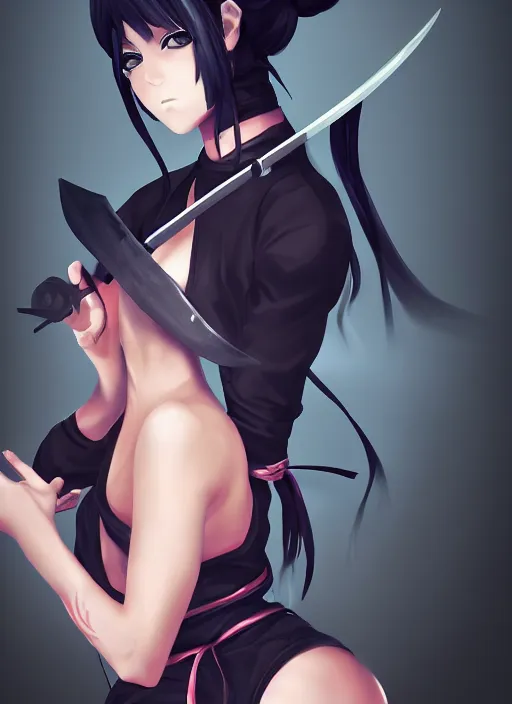 Image similar to portrait of a beautiful anime ninja girl with black ponytail, holding a kunai, digital painting, trending on artstation, deviantart, artgem, perfect composition, ross draws, wlop