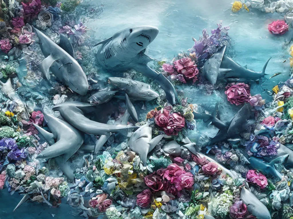 Prompt: a sculpture of ocean shark intertwined, a lovely cornucopia of flowers and human body parts, elegantly, highly detailed, octane render, cinematic, shock, sharp focus