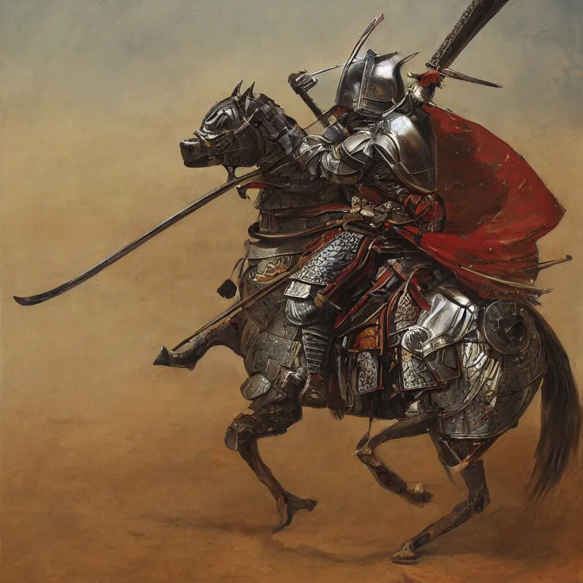 Prompt: a oil paniting of an Knight/samurai in a battle ready pose in the style of Jean Giraud detailed realistic High Resolution HD 8k in color