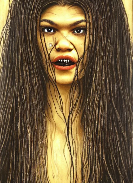 Prompt: portrait of zendaya with a little alien head for a tongue, necronom v, painting by h. r. giger
