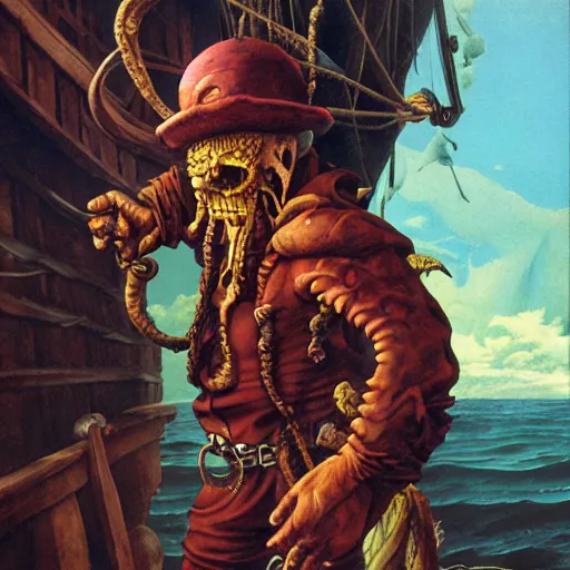 Image similar to a Lovecraftian pirate captain, detailed masterpiece realistic painting by Michelangelo, Moebius, Frank Frazetta, Hayao Miyazaki, Capcom, SNK, Studio Ghibli, Studio Trigger
