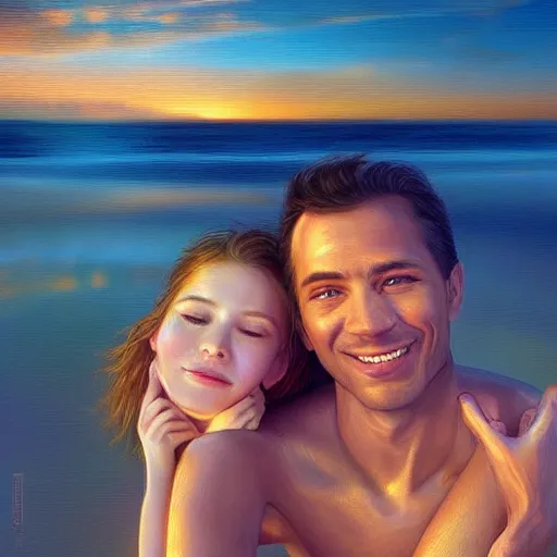 Prompt: beautiful serene intricate portrait of you and me taking a selfie, smiling softly, relaxing on the beach, golden hour, soft focus, 8 k, art by irakli nadar, hyperrealism, hyperdetailed, ultra realistic