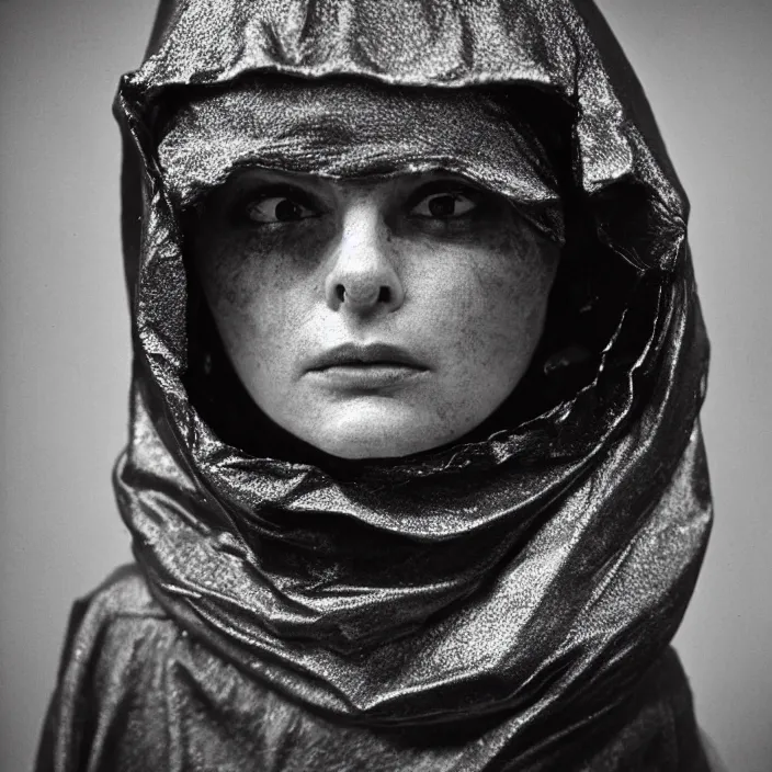 Prompt: a closeup portrait of a woman wearing a hood made of wire and plastic, in a laundry mat, color photograph, by caravaggio, canon eos c 3 0 0, ƒ 1. 8, 3 5 mm, 8 k, medium - format print