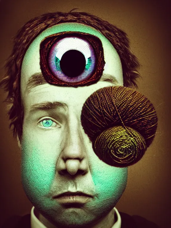 Image similar to a close up of a person with a weird looking eye, a character portrait by alexander jansson, featured on cg society, pop surrealism, made of beads and yarn, studio portrait, fisheye lens