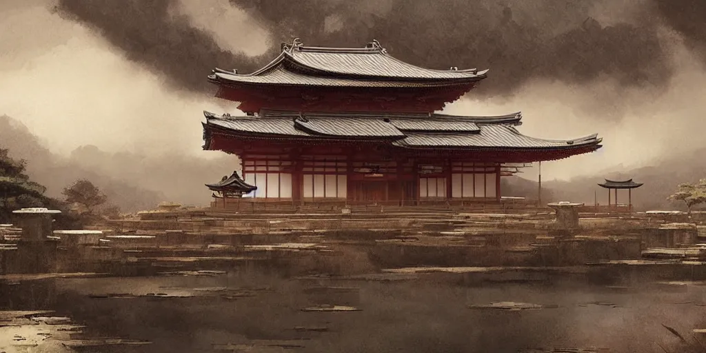 Image similar to a beautiful japanese temple, samurai riding horse, a fantasy digital painting by greg rutkowski