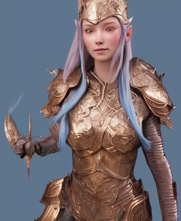 Image similar to a beautiful and highly detailed digital portrait of a dignified female elven paladin with blue hair in rose gold armor by jia ruan, clint cearley, and karol bak, centered, artsation contest winner, cgsociety, fantasy art, cryengine, concept art, photorealism, daz 3 d, sketchfab, zbrush, vray