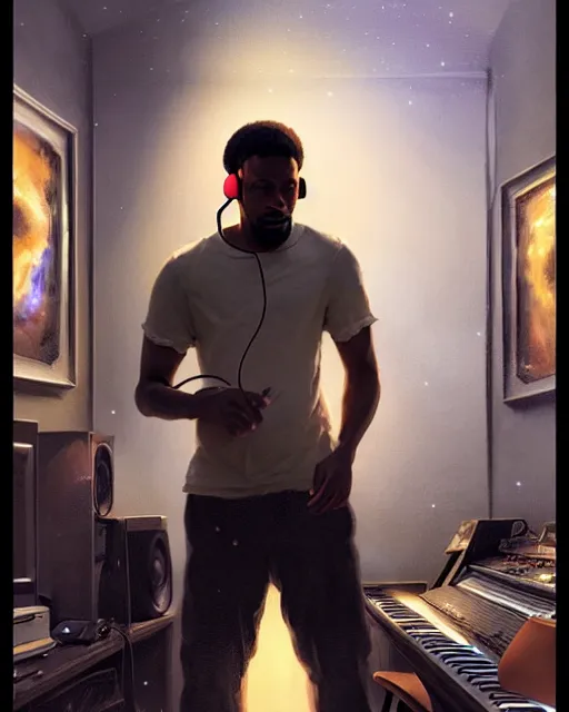 Image similar to light skin black man with headphones at his home studio producing music late at night, very detailed, 4 k, concept art like ernest khalimov, intricate details, highly detailed by greg rutkowski, ilya kuvshinov, gaston bussiere, craig mullins, simon bisley