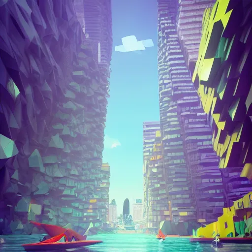 Image similar to low poly art of new york on a floating island in the sky, low poly, isometric art, 3d render, waterfall, high detail, artstation, concept art, behance, ray tracing, smooth, sharp focus, ethereal lighting