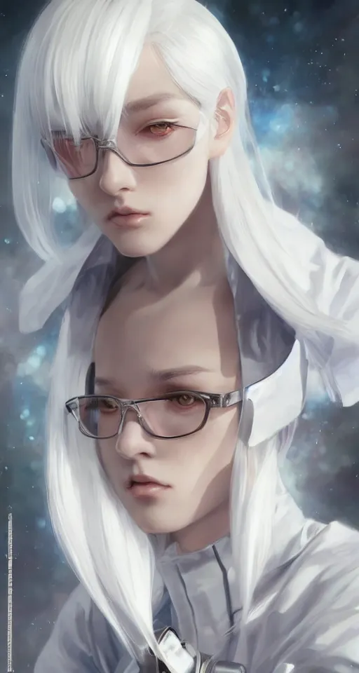 Image similar to a portrait of a scientist android girl with silver hair wearing white suit by artgerm and wlop and krenz cushart, painterly
