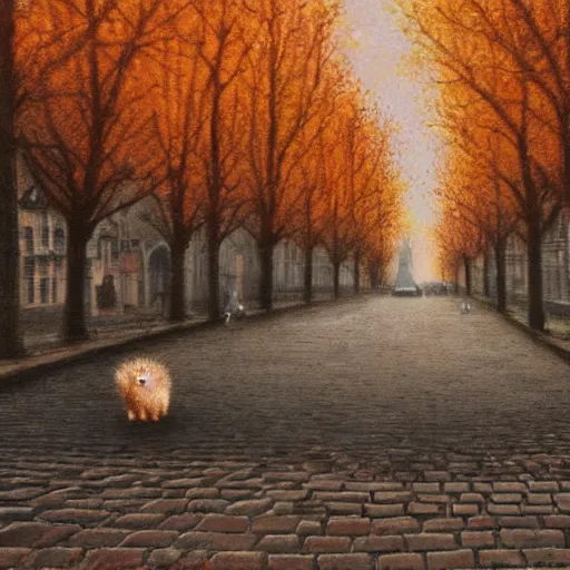 Image similar to 2 hedgehogs walking across the street in Bruges, Belgium, in the style of Greg Rutkowski, autumn, evening, romantic